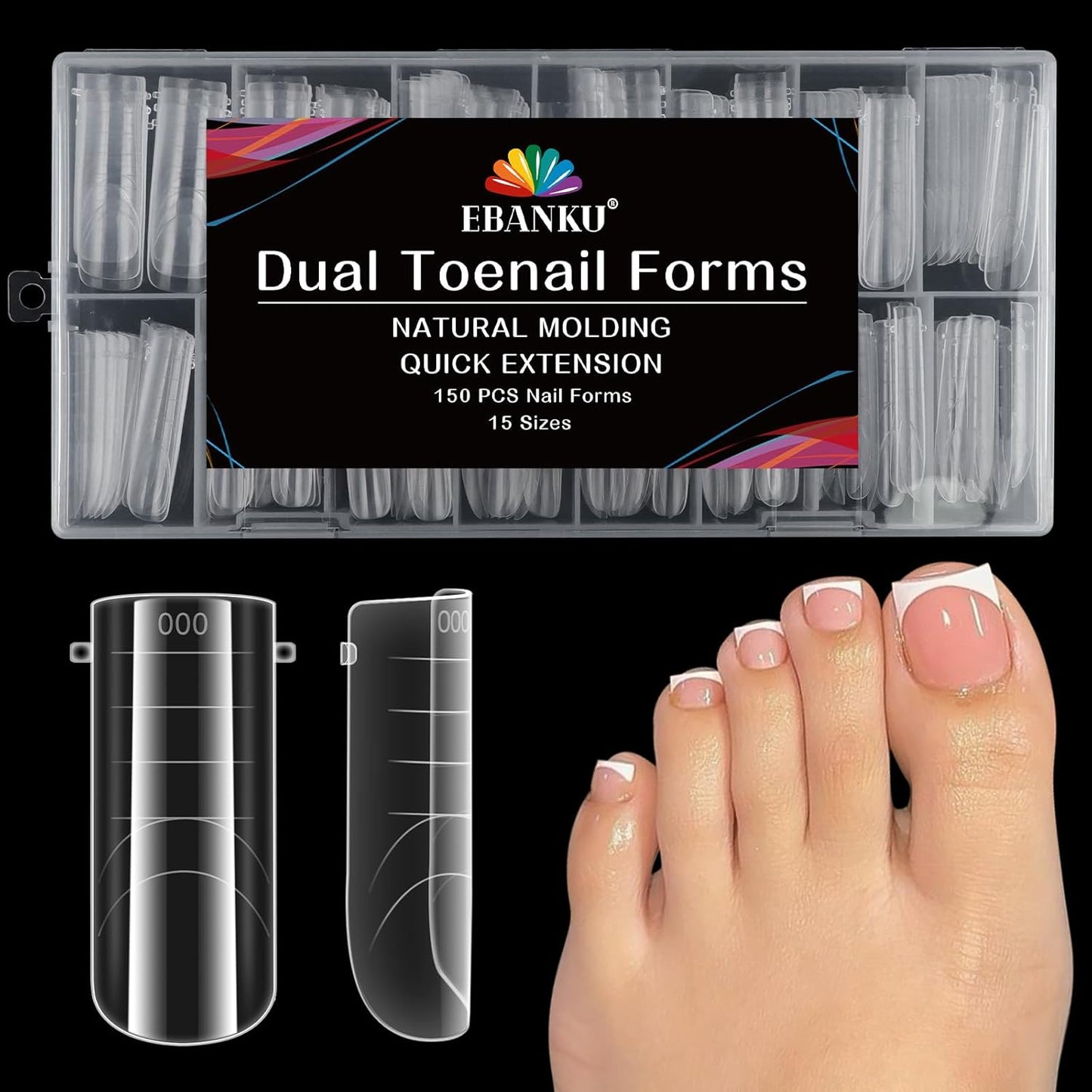 Poly Gel Toe Nail Form Set, EBANKU Reusable Toenails Dual Forms for Nail Extensions, Poly Gel Toe Nail Tips Pre-designed French Line Salon Home DIY Nail Art Supplies - 15 Sizes 150PCS-Velvo Beauty