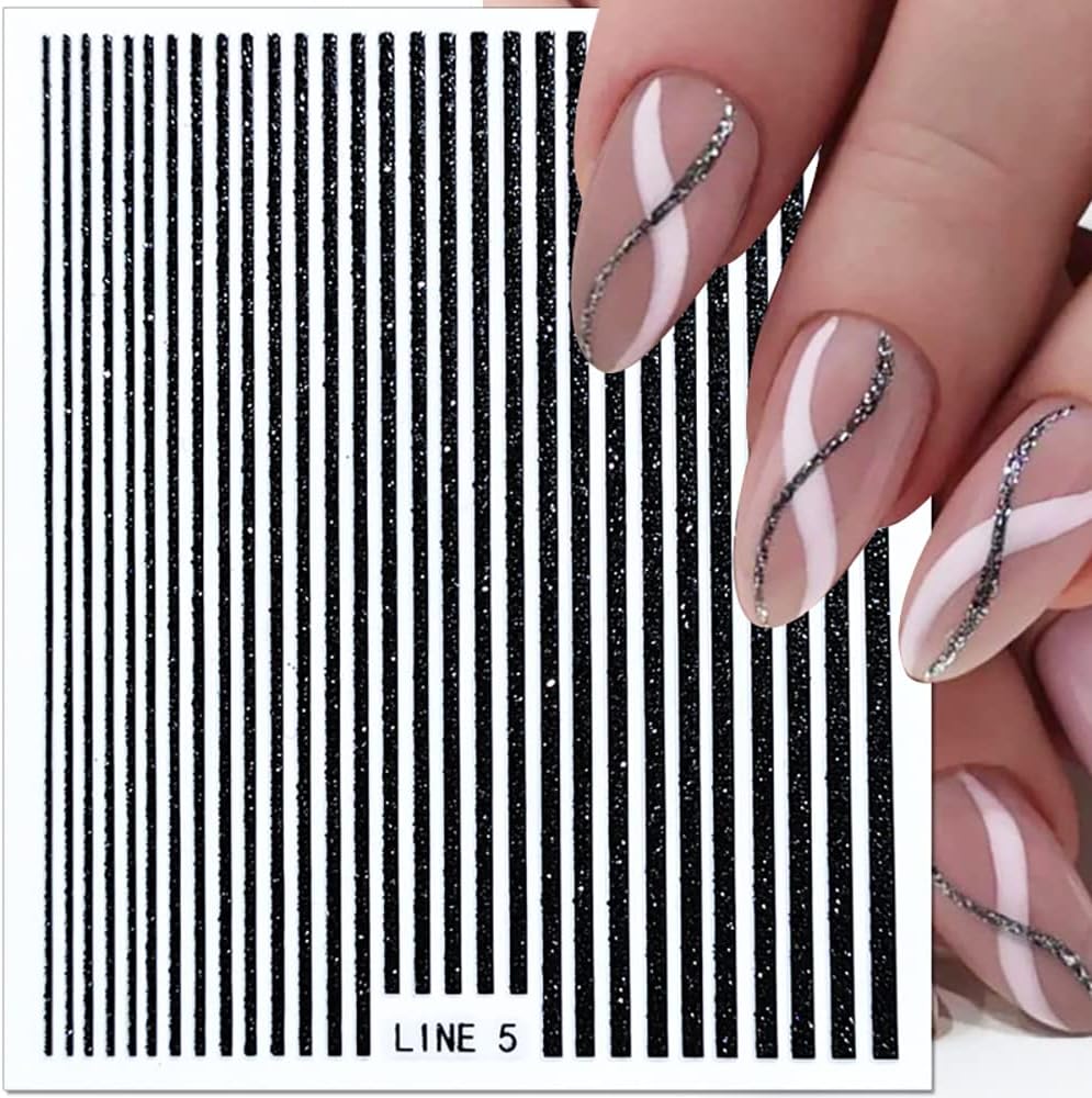 3D Glitter Lines Nail Stickers Holographic Nail Art Stickers Metal Stripe Nail Decals Self Adhesive Geometric Strip Line Nails Stickers Women DIY Nail Supplies,6 Colors/Set-Velvo Beauty