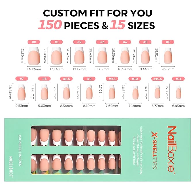 modelones French Tip Press on Nails, 150Pcs Short Coffin Fake Nails with Nail Box, Deep Nude Gel Nail Tips for Women, Soft Glue-On Nails for Natural Salon Look, DIY Nail Art Kit (15 Sizes)-Velvo Beauty