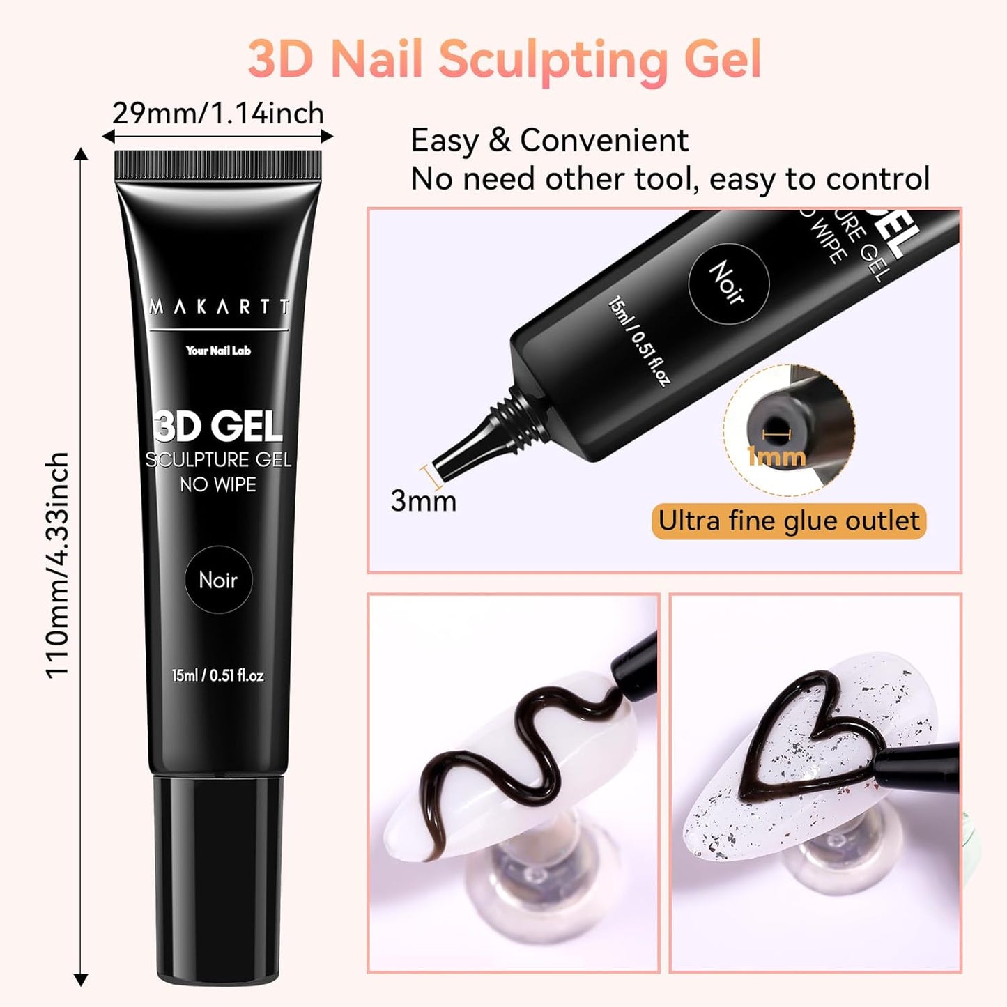 Makartt 3D Gel Nail Art: 15g Sculpting Gel Nail Art Glue for Craving Black Candy Molding Gel No Wipe Embossed Gel Polish Rhinestone Nails Charm Glue Decoration Manicure Designs (Noir)-Velvo Beauty