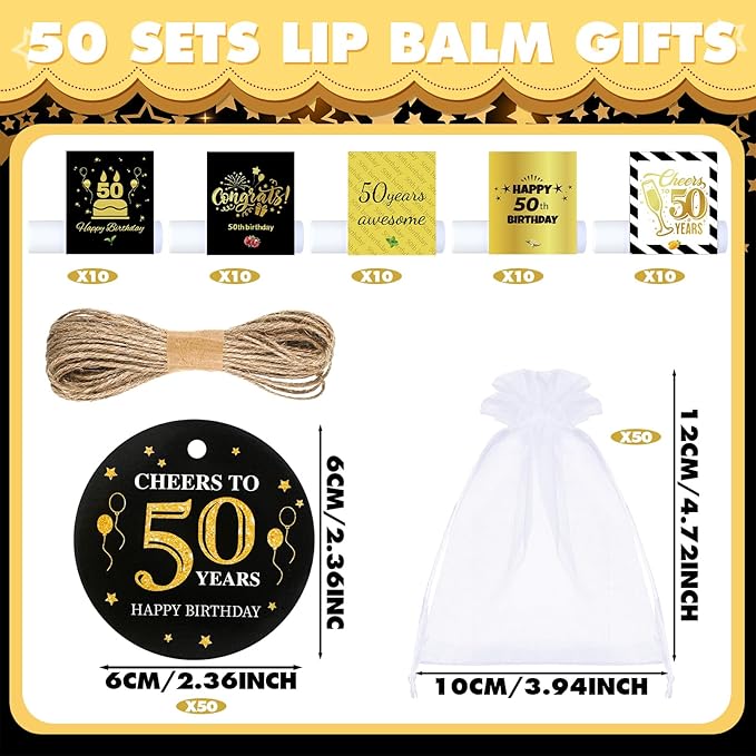 50 Sets Birthday Favors Lip Balm Gifts Bulk Moisturizing Lip Balm with 50 Organza Drawstring Gift Bag 50 Tags Birthday Party Supplies Gifts Bulk for Men and Woman (50th Birthday)-Velvo Beauty
