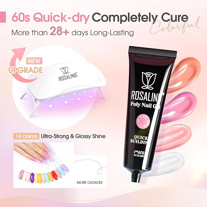 ROSALIND Poly Nail Gel Kit -14 Colors +72 Nail Art Accessories kit Nude Pink Poly Nails Gel Kit Starter Kit with Mini UV Lamp Slip Solution Basic Poly Nail Art Tools for Beginners with Everything-Velvo Beauty