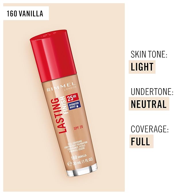 Rimmel London Lasting Finish 25HR - 160 Vanilla - Foundation, 25-Hour Wear, Full Coverage, Waterproof, 1oz-Velvo Beauty
