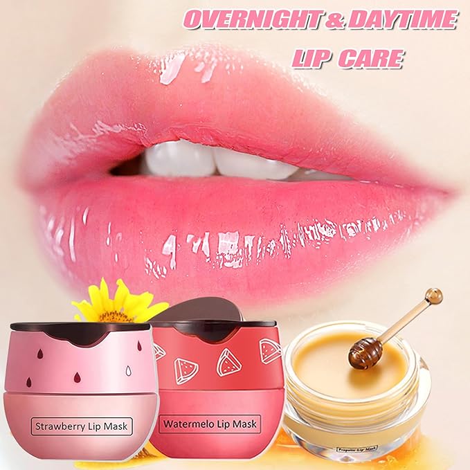 3 PCS Bee Lip Balm Honey Pot, Honey&Strawberry&Watermelon Lip Sleeping Mask Hydrating Prevention Dry and Cracked Lip Scrubs Exfoliator Lip Care, Overnight Lip Mask Reduces Lip Lines-Velvo Beauty