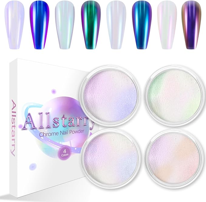 Allstarry White Chrome Nail Powder, 4 PCS Color-Shift Chameleon Chrome Effect Powder Neon Aurora Glitter Dust Iridescent Pearlescent Pearl Pigment for Nail Art Decoration, Gel Polish, Resin Craft-Velvo Beauty
