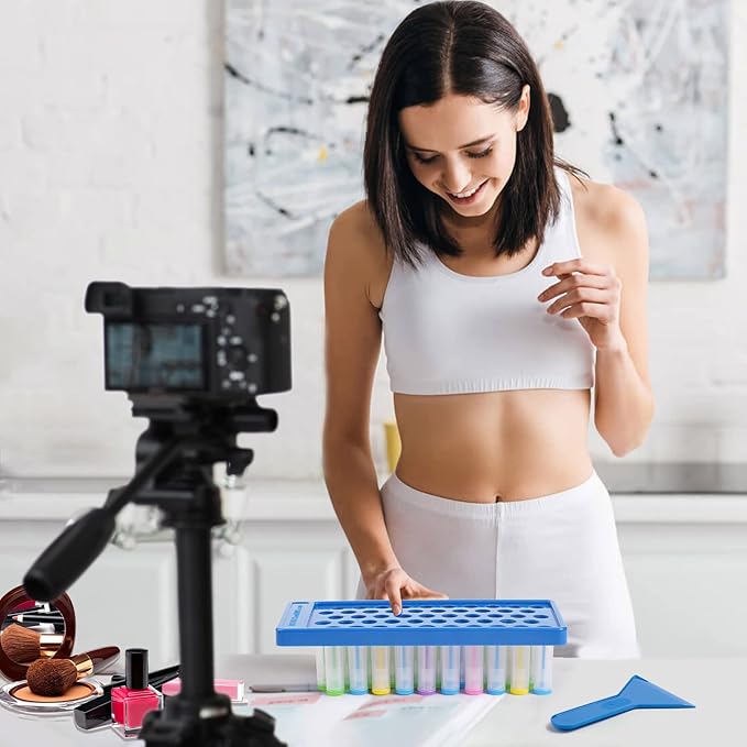 RONRONS Lip Balm Crafting Kit, Professional Lipsticks Filling Tray with 50 Small Holes and Spatula, Easy to Fill 50 Pieces Lipstick Tubes Containers for Business Gifts, Blue-Velvo Beauty