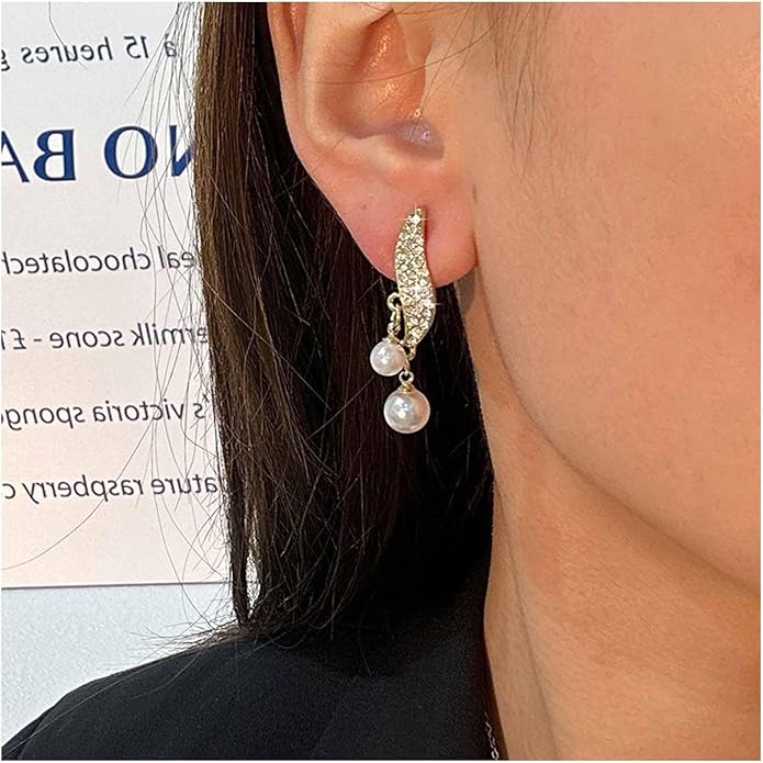 Vintage Crystal Pearl Drop Earrings Sparkly Leaf Earrings Rhinestone Pearl Dangle Earrings Gold Cz Spiral Leaf Earring Jewelry for Women-Velvo Beauty