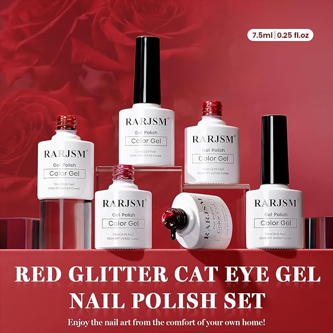 RARJSM Red Cat Eye Gel Nail Polish Set 6 Pcs Smoothie Ceramic Silver White Glitter Shimmer Burgundy Cherry Dark Wine Red Velvet Diamond Cateye Gel Polish with Magnetic Stick Soak off Curing Require-Velvo Beauty