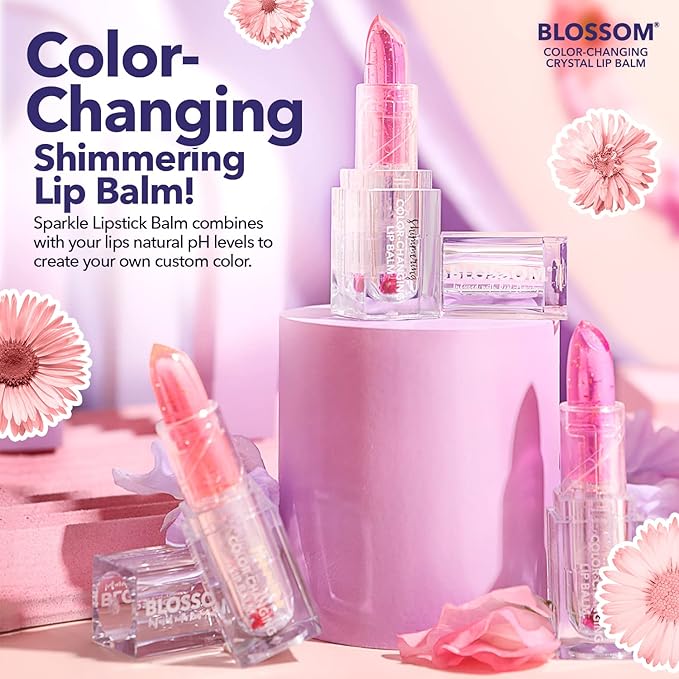 Blossom Moisturizing Color Changing Shimmering Lip Balm Sparkle Lip Stain Tint, Infused with Real Flowers, 3g, Electric Pink-Velvo Beauty