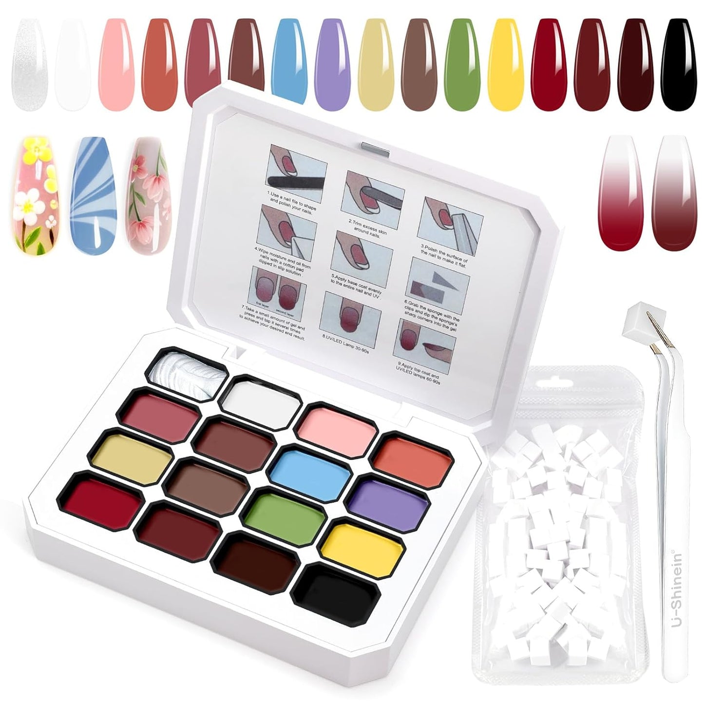 Gradient Painting Gel, 16 Ombre Gel Nail Polish with 100Pcs Nail Sponges &Tweezers for Pigment Pat Nails Almond Nude French Manicure Soak Off UV Long-lasting Palette VelvetSpectrum Studio-Velvo Beauty