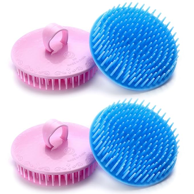 Hair Scalp Brush Dandruff Cleaning Brush Shower Scalp Shampoo Brush Scalp Massager Pack of 4(Blue and Pink)-Velvo Beauty