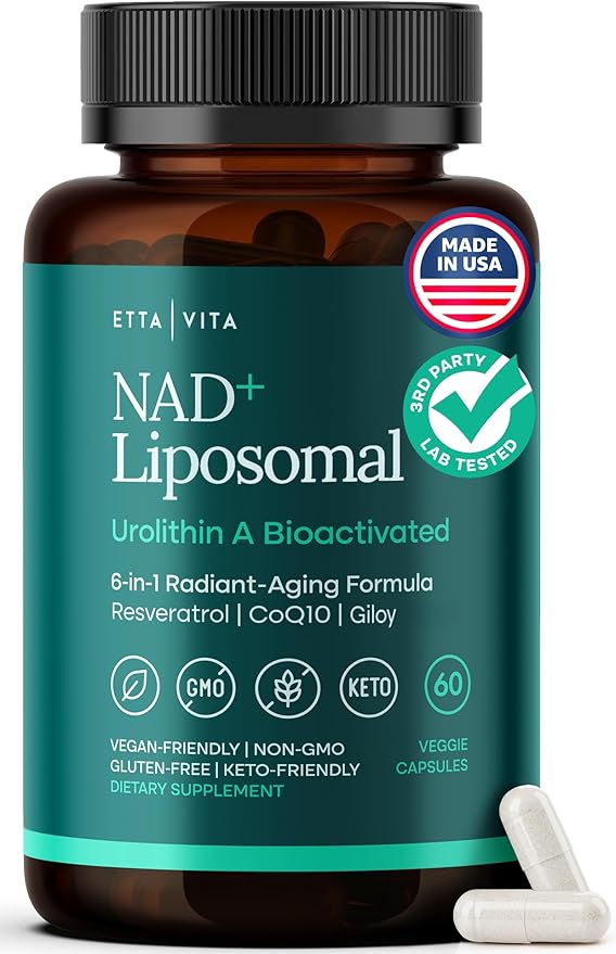 Liposomal NAD+ Supplement 500mg with Urolithin A, CoQ10, Resveratrol & Giloy (Made in USA) Mitochondrial, Cellular Energy, Cognitive, Anti-Aging & Detox Support - 3rd Party Tested Vegan, Non-GMO-Velvo Beauty
