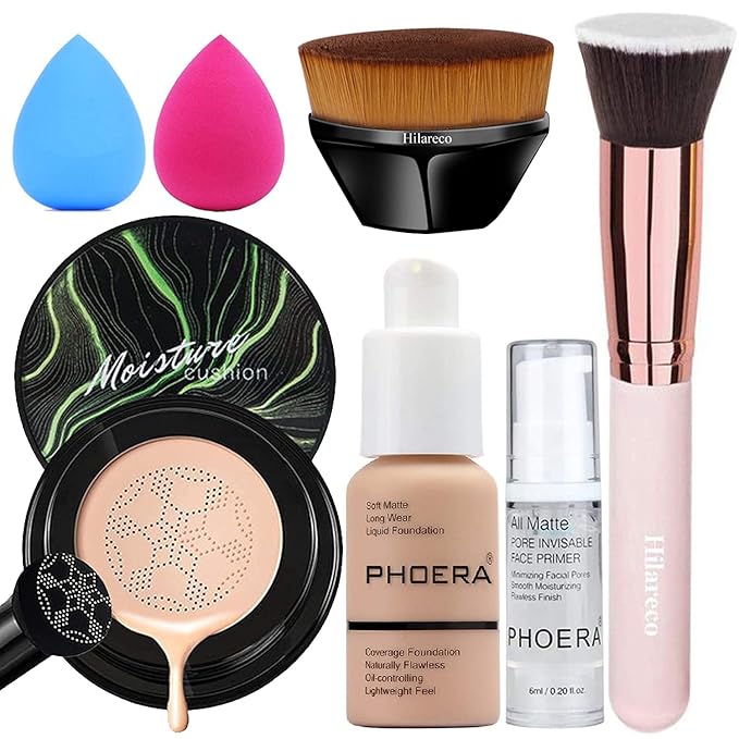 PHOERA Foundation,Mushroom Head Air Cushion CC Cream Natural Foundation,PHOERA Makeup Foundation Full Coverage,Phoera Face Primer, Foundation Brush (104 Buff Beige +04 Buff Beige CC)-Velvo Beauty