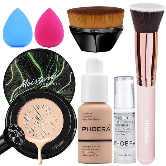 PHOERA Foundation,Mushroom Head Air Cushion CC Cream Natural Foundation,PHOERA Makeup Foundation Full Coverage,Phoera Face Primer, Foundation Brush (104 Buff Beige +04 Buff Beige CC)-Velvo Beauty