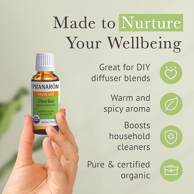 Pranarom USDA Certified Organic Clove Essential Oil (30ml), 100% Pure Undiluted Therapeutic Grade from Sri Lanka & Madagascar for Aromatherapy, Diffuser, Immune Support, DIY Cleaning, Warm Scent-Velvo Beauty
