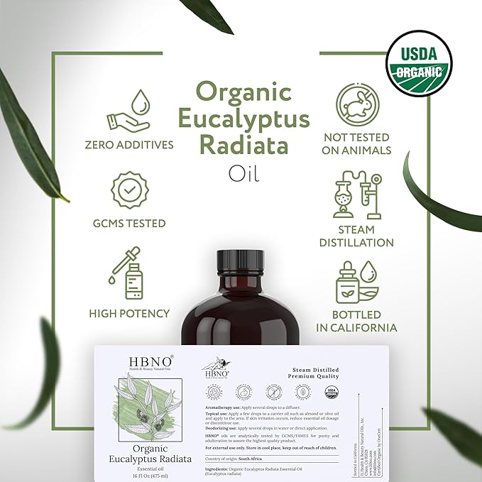 HBNO Organic Eucalyptus Radiata Oil - 16 oz (475ml) Value Size - Ideal for Shampoos, Conditioners, Mouth Washes, Face wash, Lotions, and Skin Care Products-Velvo Beauty
