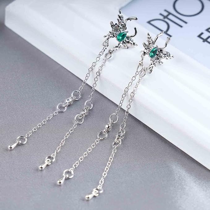 Vintage Emerald Butterfly Earrings Silver Chain Tassel Drop Earrings Butterfly Emerald Stud Earings Long Cz Chain Earrings Jewelry for Women and Girls-Velvo Beauty