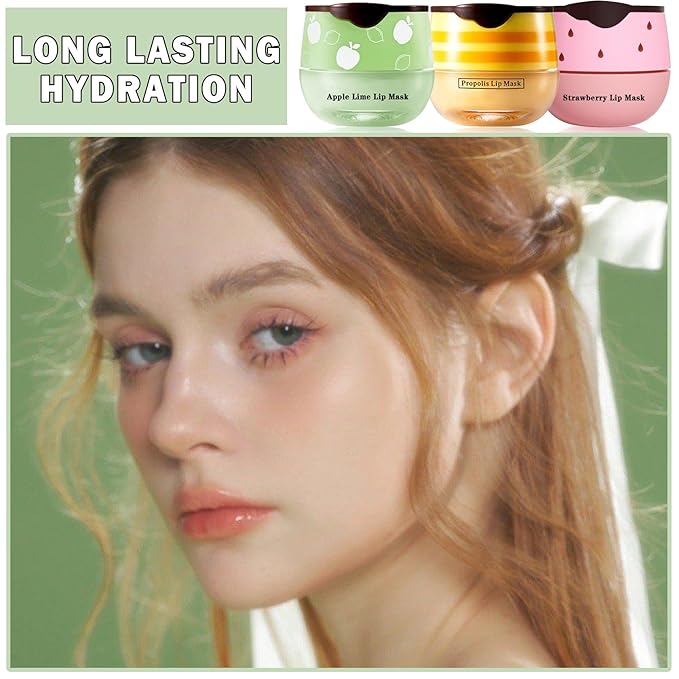 3PCS Bee Lip Balm Honey Pot Honey Strawberry Apple Lip Balm Sleeping Lip Mask Silky Hydrating Bee Lip Balm Lip Mask Overnight Lip Care Products(Honey+Strawberry+Apple Lime)-Velvo Beauty