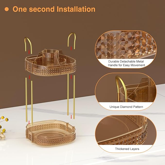 Awenia Rotating Makeup Organizer 360, Stackable Adjustable Large Capacity Cosmetic Storage Unit,Dresser Bathroom Kitchen Countertop Organizer with Metal Handle, Plus Size (Honorable Gold, 2 Tier)-Velvo Beauty