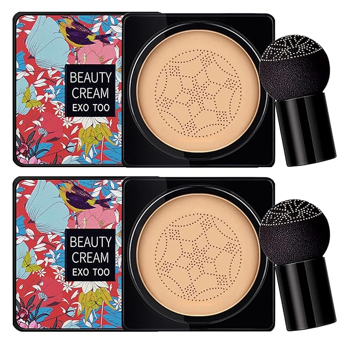 2 Pack Mushroom Head Air Cushion CC Cream Foundation,Beauty Cream EXO TOO Moisturizing BB Cream, Long Lasting Matte Concealer with 2PCS Mushroom Head Sponges (Natural)-Velvo Beauty