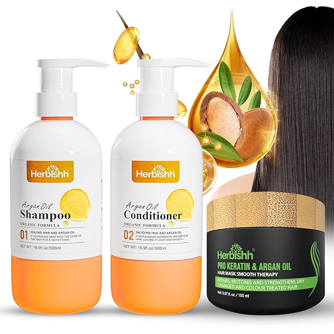 Herbishh Argan Hair Mask (150ml) + Argan Oil Shampoo & Conditioner (16.9 fl.oz Each) Hair Care Set – Deep Cleansing & Hydration, Ideal for Repairing Dry, Frizzy & Colored Hair – Sulfate & Paraben Free-Velvo Beauty
