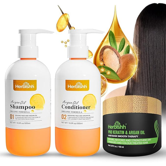 Herbishh Argan Hair Mask (150ml) + Argan Oil Shampoo & Conditioner (16.9 fl.oz Each) Hair Care Set – Deep Cleansing & Hydration, Ideal for Repairing Dry, Frizzy & Colored Hair – Sulfate & Paraben Free-Velvo Beauty