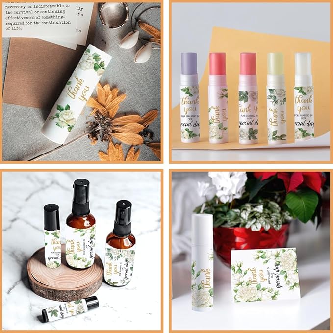 OLYCRAFT 100Pcs Self-Adhesive Lip Balm Tag Stickers 1.7x2.1 inch Waterproof Adhesive Stickers with White Rose Flower Lipstick Tag Sticker for Lip Balm Container Tubes Lipstick Wrapping Decoration-Velvo Beauty