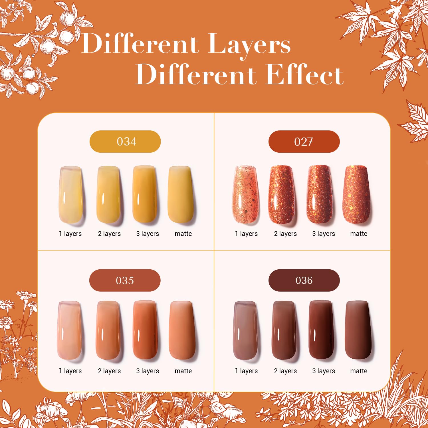 AZUREBEAUTY Fall Nail Polish Set, 4 Colors Yellow Orange Brown Glitter Quick Dry Natural Nail Lacquer Strengthening Treatment Kit with Top Coat DIY Salon at Home-Velvo Beauty