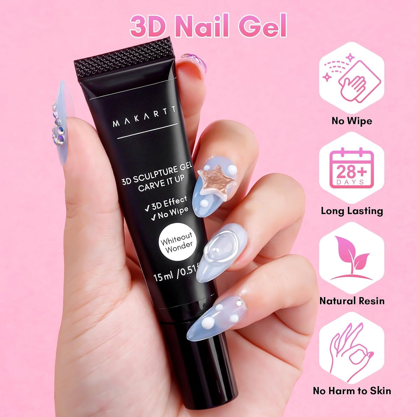 Makartt 3D Nail Gel for Nail Art: No Wipe 15g White Sculpting Molding Candy Craving Gel Polish Rhinestone Nails Charm Glue Decoration Manicure Designs (Whiteout Wonder)-Velvo Beauty