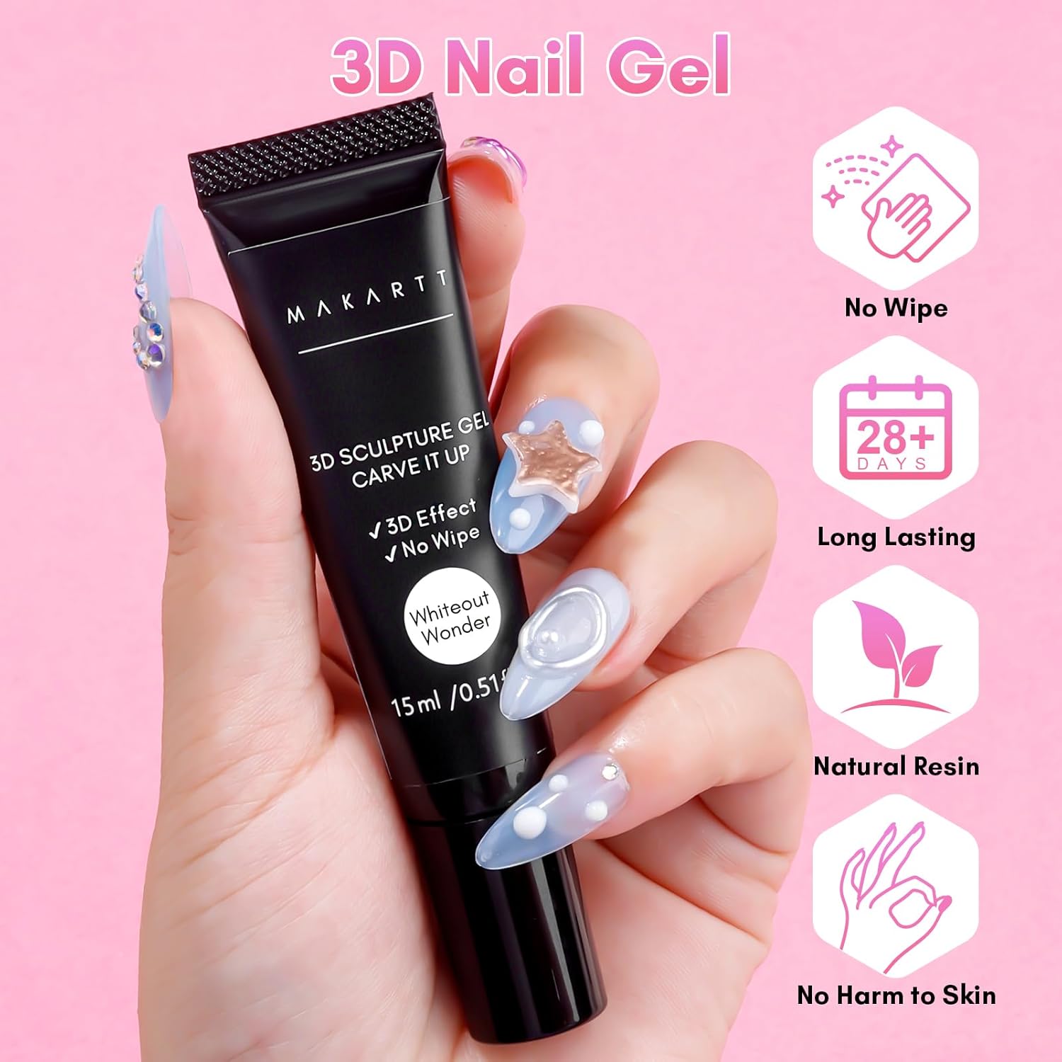 Makartt 3D Nail Gel for Nail Art: No Wipe 15g White Sculpting Molding Candy Craving Gel Polish Rhinestone Nails Charm Glue Decoration Manicure Designs (Whiteout Wonder)-Velvo Beauty