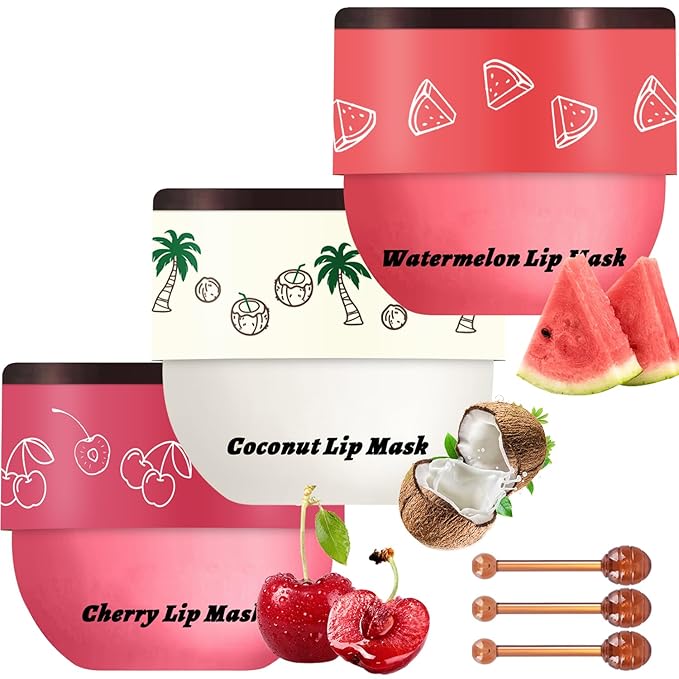 3 PCS Bee Lip Balm Lip Mask Honey Pot, Watermelon & Cherry & Coconut Lip Mask Propolis Moisturizing Lip, Hydrating Prevention Dry and Cracked Lip Scrubs Exfoliator (Watermelon & Cherry & Coconut)-Velvo Beauty