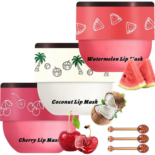 3 PCS Bee Lip Balm Lip Mask Honey Pot, Watermelon & Cherry & Coconut Lip Mask Propolis Moisturizing Lip, Hydrating Prevention Dry and Cracked Lip Scrubs Exfoliator (Watermelon & Cherry & Coconut)-Velvo Beauty
