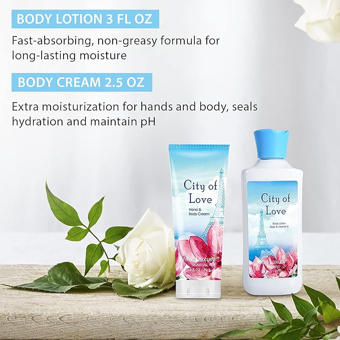 Bath & Body Kit, 3 Fl Oz, Ideal Skincare Gift Home Spa Set, Includes Body Lotion, Shower Gel, Body Cream, and Fragrance Mist, Birthday Mother's Valentine's Day Gifts(City of Love)-Velvo Beauty