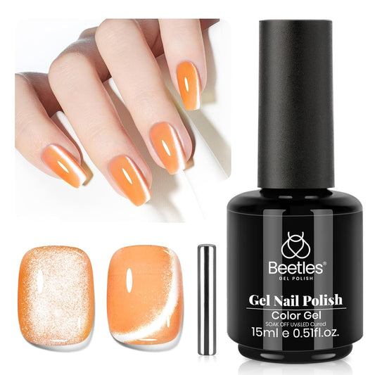 Beetles Orange Cat Eye Gel Polish, 15ML Orange Cat Eye Glitter Gel Polish with Magnet Soak Off UV Shimmer Velvet Gel Twilight Glow Series French Nail Art Design Manicure Gifts for Women-Velvo Beauty