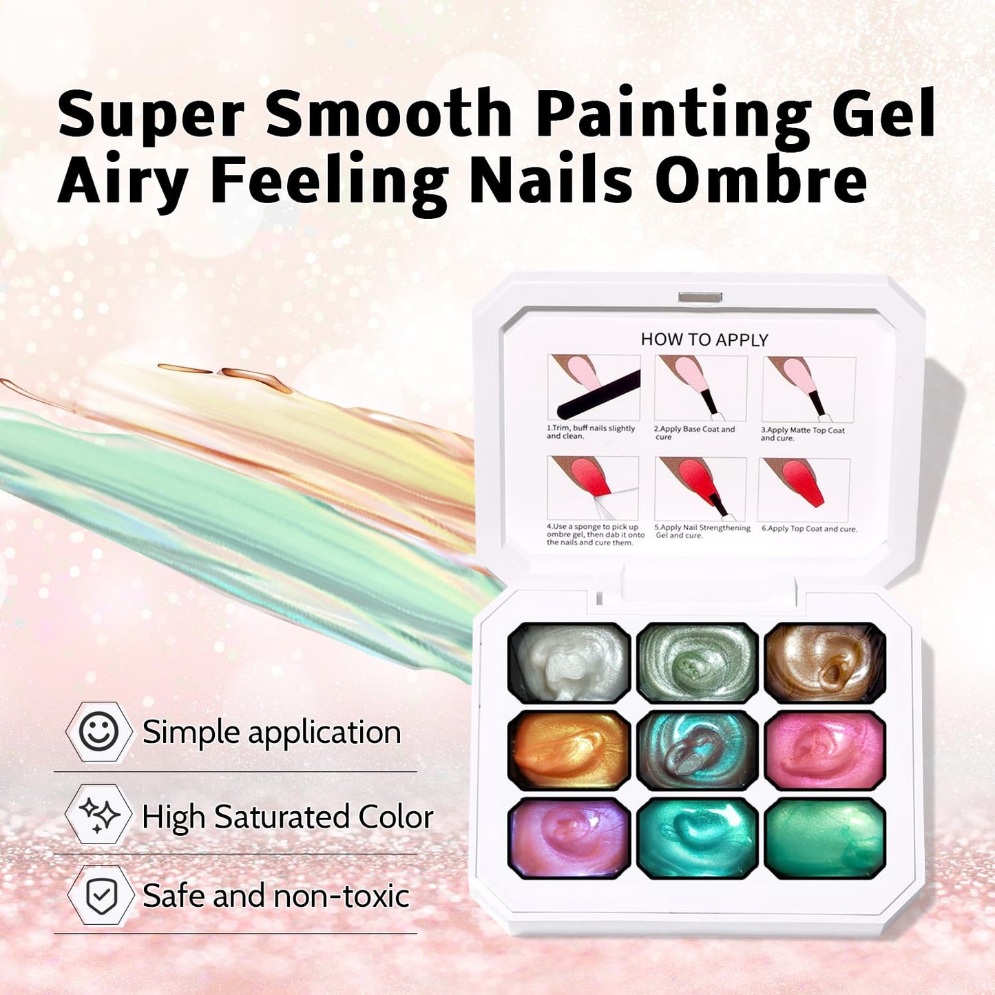 Sponge Pat Paint Nail Gel, Blending Colors Ombre Nails Gradient Gel Nail Blush Blooming Aura Nails Drawing Stripper Floral Painting Nail Art, No Wipe, Aurora Mermaid Chrome Silk Satin (9 Colors L)-Velvo Beauty