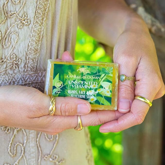 Camille Beckman Essentials Gift Basket, Vitamin E Unscented, Glycerine Hand Therapy 6 oz, Silky Body Cream 13 oz, Hand and Shower Cleansing Gel 13 oz, Glycerine Soap 3.5 oz-Velvo Beauty