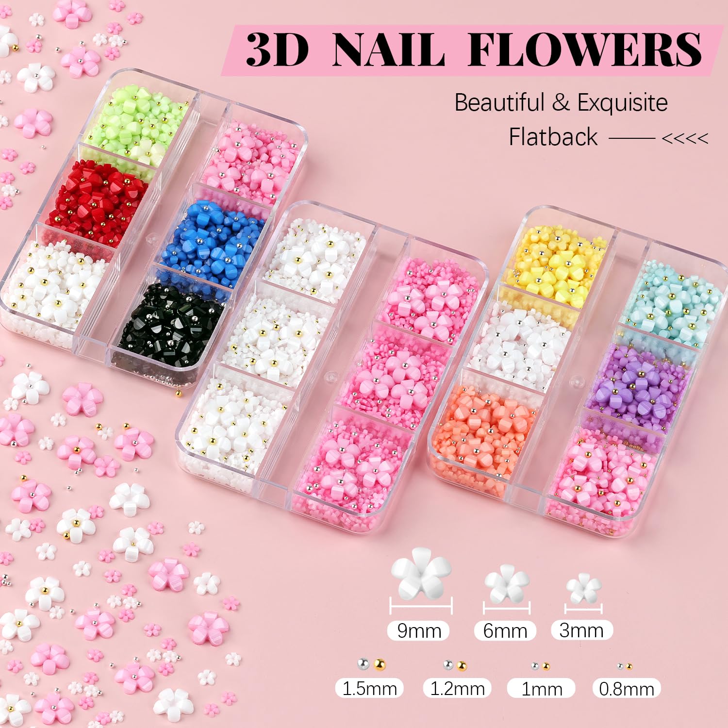 3D Flowers for Nails, Colorful Acrylic Flower Nail Charms with Caviar Beads, Rhinestones for Nails 3D Nail Charms for Acrylic Nails with Pickup & Dotting Tools for Manicure DIY Nail Art Decor-Velvo Beauty