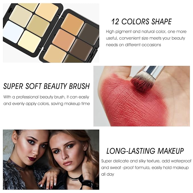 12 Colors Cream [Contour+Concealer] Makeup Palette for Cheeks - Multi-functional Makeup Palette with Brush, Natural Matte Long Wearing, Waterproof Blendable Face Makeup Palette (#03)-Velvo Beauty
