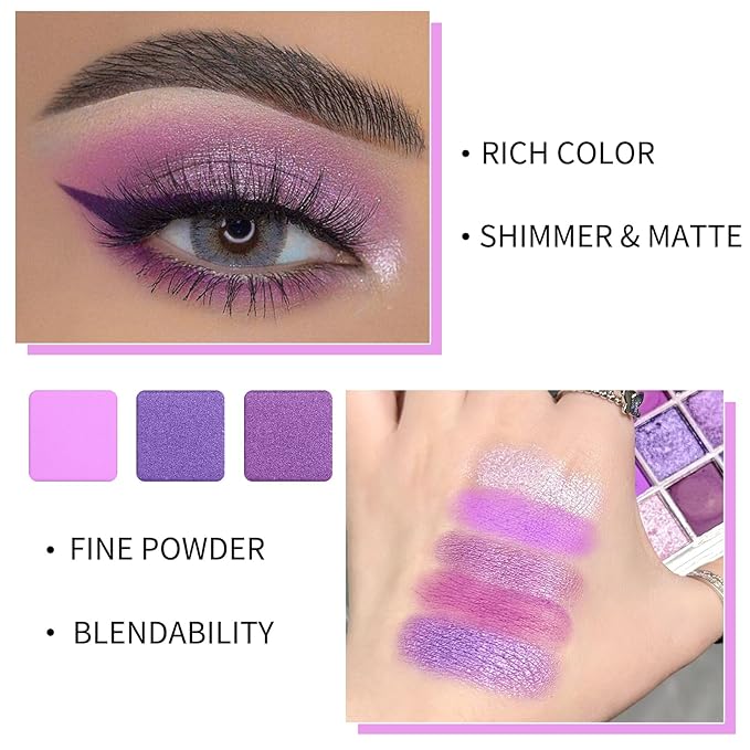 Erinde 9 Colors Purple Pink Lavender Glitter Shimmer Matte Eye Shadow Palette Makeup, Highly Pigmented Waterproof Violet Mauve Dark Purple Silver Pearl White Shimmer Sparkling Party Eyeshadow Palette-Velvo Beauty