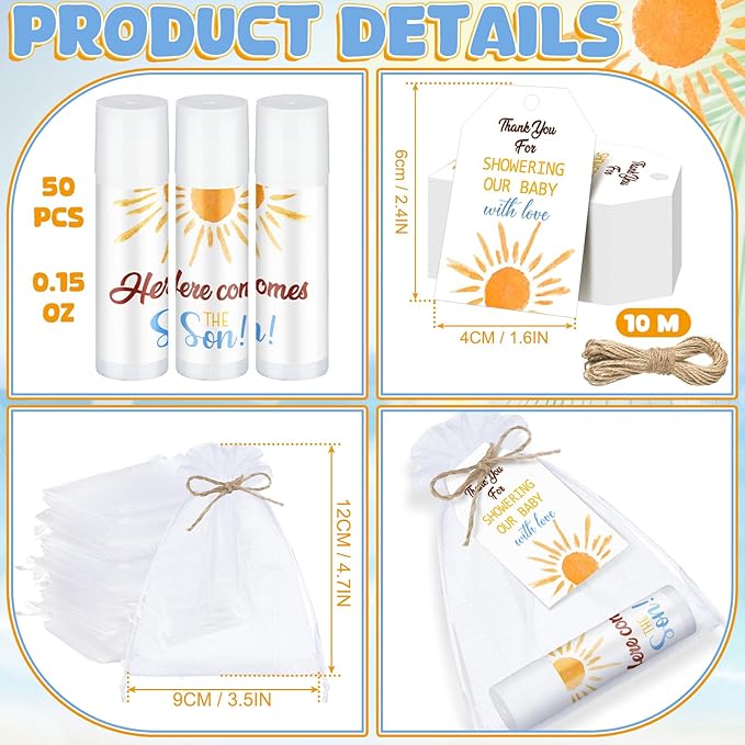 Dunzy 50 Pack Here Comes the Son Baby Shower Party Gifts Lip Balms Favors Bulk for Guests Boys Girls Gender Reveal Favors Baby Shower Game Prizes Souvenirs Goodie Bags Stuffers Thank You Gifts-Velvo Beauty