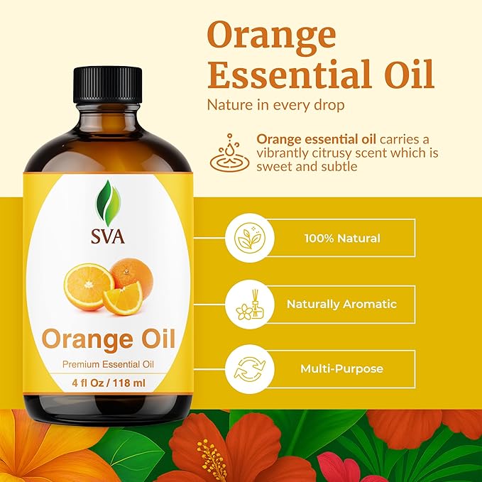 SVA Orange Essential Oil – 4 Fl Oz – 100% Natural Orange Oil - for Diffuser, Hair Care, Face, Skin Care, Aromatherapy, Scalp and Body Massage, Soap and Candle Making - with Dropper-Velvo Beauty