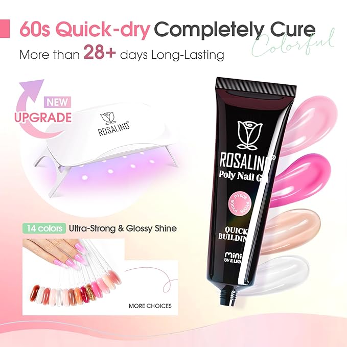 ROSALIND 14 Colors Poly Nail Gel Kit with Mini Nail Lamp Pink Brown Poly Nails Gel Kit Starter Kit With Slip Solution Kit Pink Extensions Gelfor Nail Manicure Beginner-Velvo Beauty