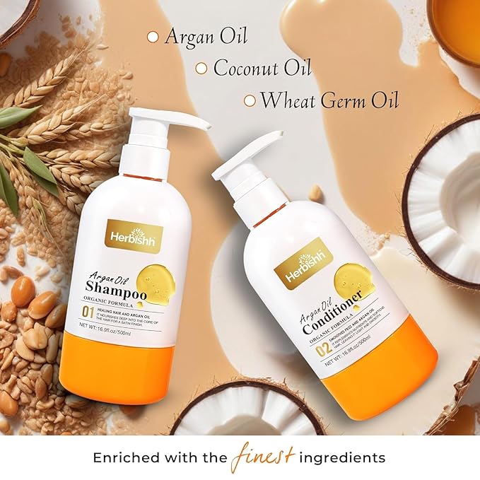 Herbishh Argan Hair Mask (150ml) + Argan Oil Shampoo & Conditioner (16.9 fl.oz Each) Hair Care Set – Deep Cleansing & Hydration, Ideal for Repairing Dry, Frizzy & Colored Hair – Sulfate & Paraben Free-Velvo Beauty