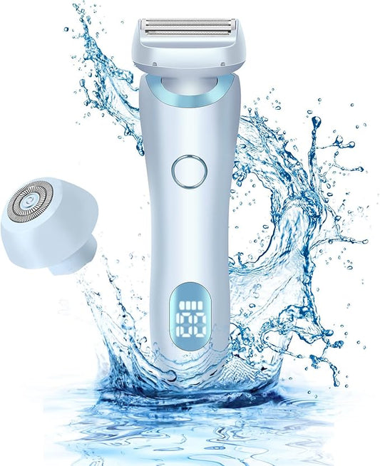 Electric Shaver Razors for Women 2-IN-1 Electric Razor for Womens Legs Underarm Face Pubic Hairs,Wet Dry Use Rechargeable Bikini Trimmer Hair Removal with Detachable Head,Painless IPX7 Waterproof Blue-Velvo Beauty