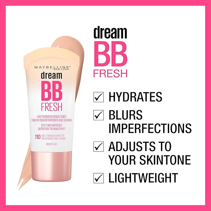 Maybelline Dream Fresh Skin Hydrating BB cream, 8-in-1 Skin Perfecting Beauty Balm with Broad Spectrum SPF 30, Sheer Tint Coverage, Oil-Free, Light/Medium, 1 Fl Oz-Velvo Beauty