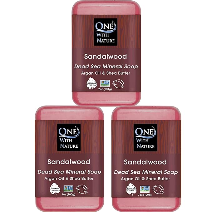 One With Nature Dead Sea Salt Sandalwood Soap 7oz 3-Pack – Purifying and Exfoliating Soap Bar with Dead Sea Minerals and Sandalwood for Face & Body, for Men & Women-Velvo Beauty