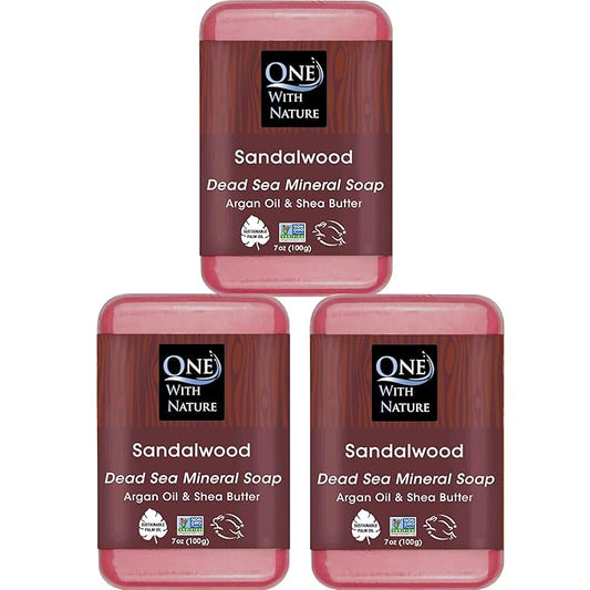 One With Nature Dead Sea Salt Sandalwood Soap 7oz 3-Pack – Purifying and Exfoliating Soap Bar with Dead Sea Minerals and Sandalwood for Face & Body, for Men & Women-Velvo Beauty
