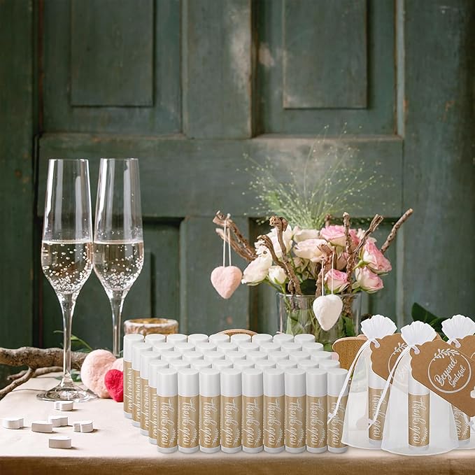 100 Set Thank You Lip Balm Bulk Small Natural Moisturizing Mini Lip Balm with Organza Bag and Card for Baby Wedding Bridal Shower Thank You Favors Bridesmaid Gifts Women Guests-Velvo Beauty