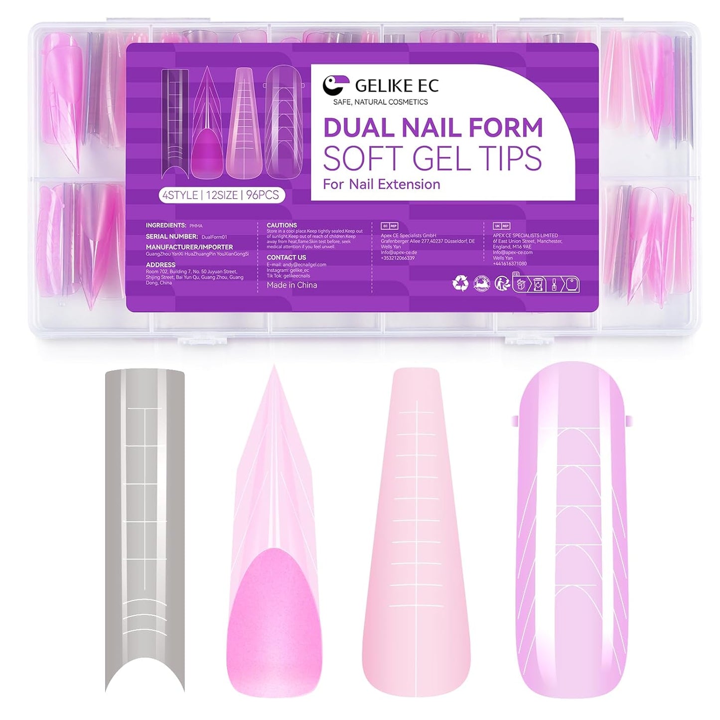 Gelike EC Dual Forms for Extension: 96 Pcs Color Nail Form, 4 Style 12 Size Nail Forms For Builder, Half Matte Gel Forms For Manicure Art Design Salon Diy-Velvo Beauty