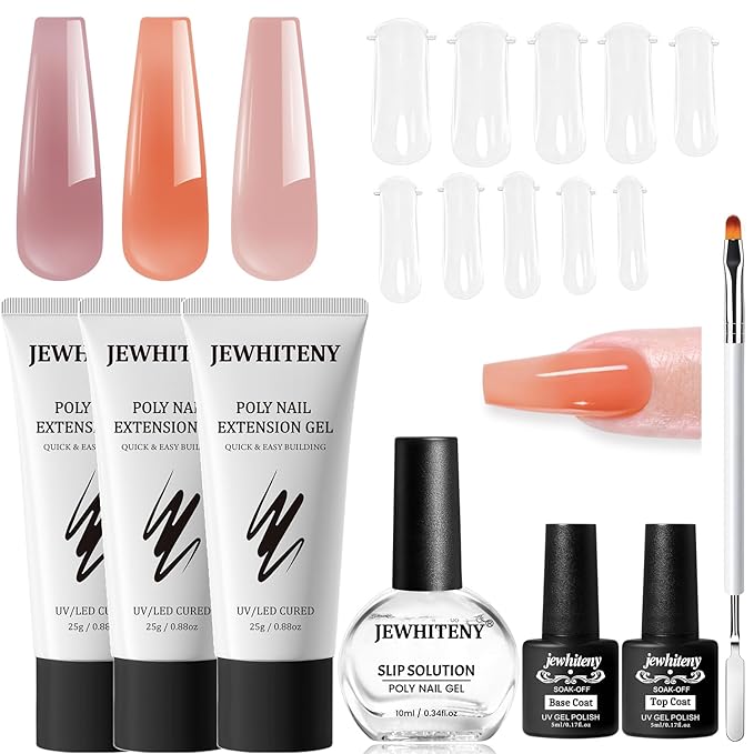 JEWHITENY Poly Extension Gel Nail Set Clear Pink Poly Nail Gel With Slip Solution Base Coat Top Coat French Manicure Need U V Lamp Curing for Finger Art and Home DIY-Velvo Beauty